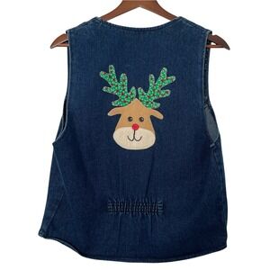 Vintage 90s Apache Denim Vest M Christmas Reindeer Applique USA Western Y2K Folk